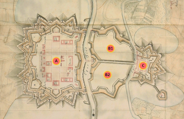 Části pevnosti Terezín na historickém plánu Části pevnosti Terezín na historickém plánu